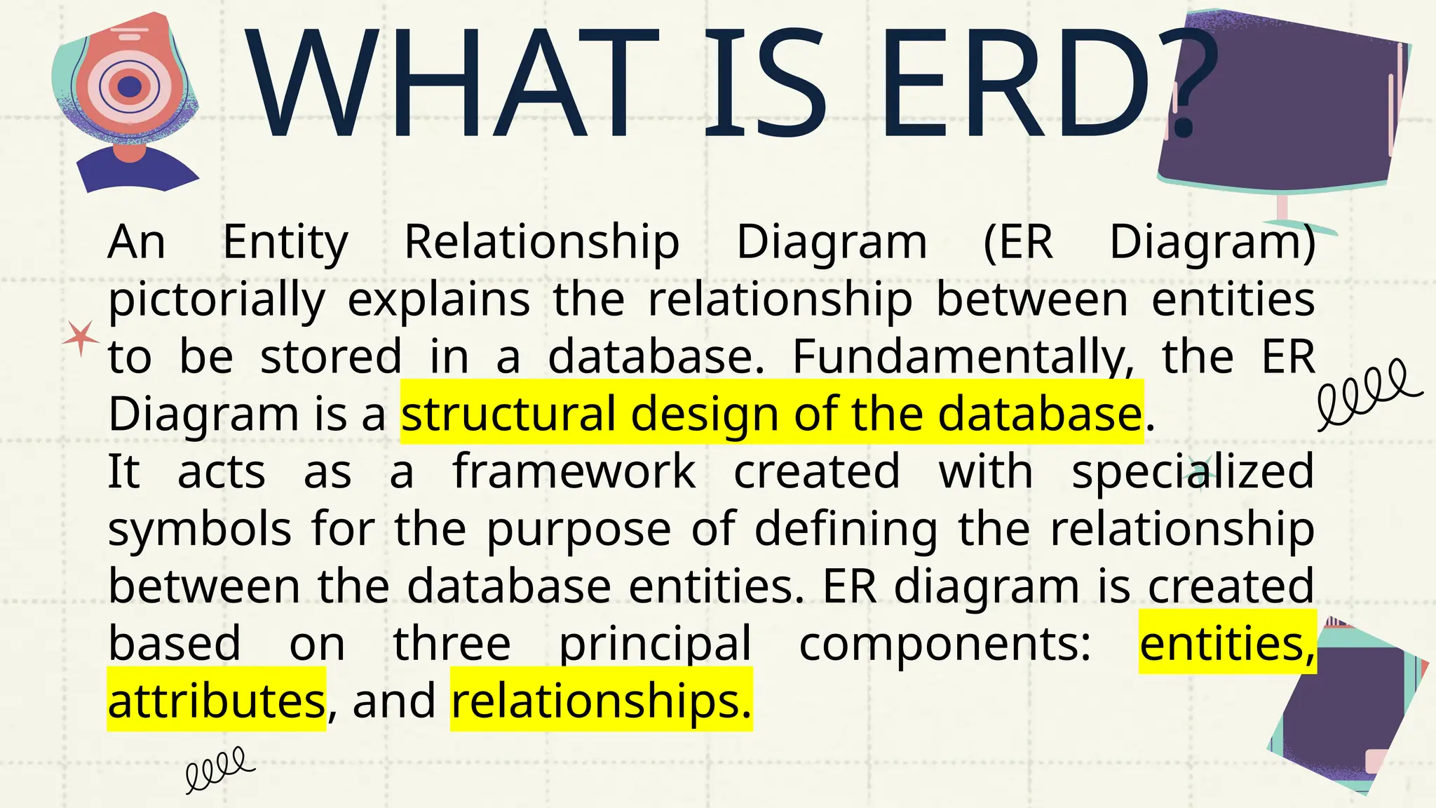 WHAT IS ERD?
An Entity Relationship Diagram (ER Diagram)
pictorially explains the relationship between entities
to be stored in a database. Fundamentally, the ER
Diagram is a structural design of the database.
It acts as a framework created with specialized
symbols for the purpose of defining the relationship
between the database entities. ER diagram is created
based on three principal components: entities,
attributes, and relationships.
 