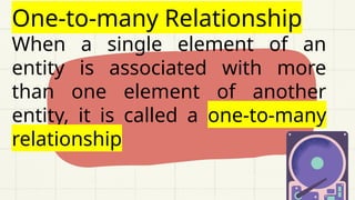 One-to-many Relationship
When a single element of an
entity is associated with more
than one element of another
entity, it is called a one-to-many
relationship
 