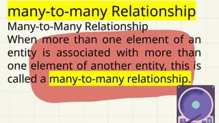 many-to-many Relationship
Many-to-Many Relationship
When more than one element of an
entity is associated with more than
one element of another entity, this is
called a many-to-many relationship.
 