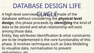 DATABASE DESIGN LIFE
CLYCLE
A high-level overview on paper is made of the
database without considering the physical level
design, this phase proceeds by identifying the kind of
data to be stored and what relationship will exist
among those data.
Entity, Key attributes identification & what constraints
are to be implemented is the core functionality of this
phase. It involves techniques such as Data Modeling
to visualize data, normalization to prevent
 
