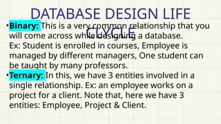 DATABASE DESIGN LIFE
CLYCLE
•Binary: This is a very common relationship that you
will come across while designing a database.
Ex: Student is enrolled in courses, Employee is
managed by different managers, One student can
be taught by many professors.
•Ternary: In this, we have 3 entities involved in a
single relationship. Ex: an employee works on a
project for a client. Note that, here we have 3
entities: Employee, Project & Client.
 
