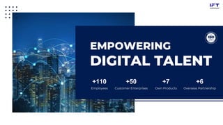 EMPOWERING
DIGITAL TALENT
+110
Employees
+50
Customer Enterprises
+7
Own Products
+6
Overseas Partnership
 