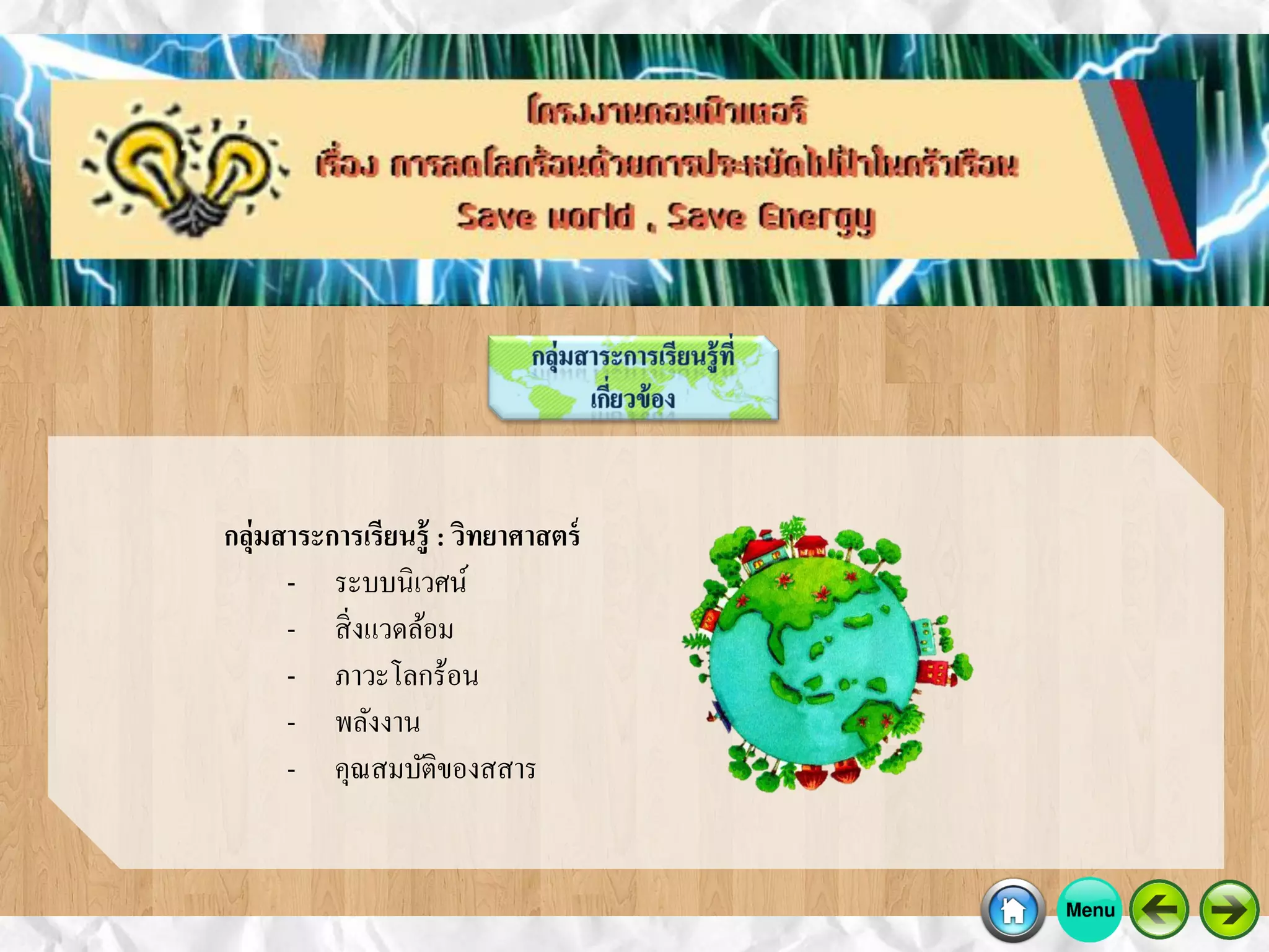 กลุ่มสาระการเรียนรู้ : วิทยาศาสตร์
- ระบบนิเวศน์
- สิ่งแวดล้อม
- ภาวะโลกร้อน
- พลังงาน
- คุณสมบัติของสสาร
 