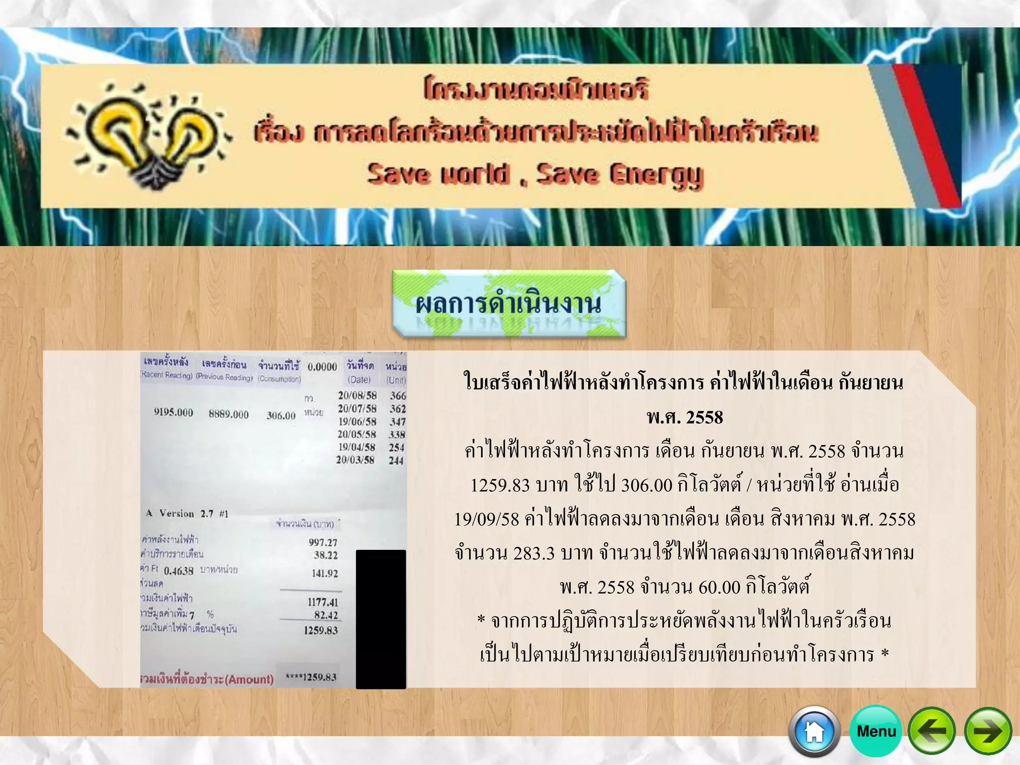 ใบเสร็จค่าไฟฟ้ าหลังทาโครงการ ค่าไฟฟ้ าในเดือน กันยายน
พ.ศ. 2558
ค่าไฟฟ้าหลังทาโครงการ เดือน กันยายน พ.ศ. 2558 จานวน
1259.83 บาท ใช้ไป 306.00 กิโลวัตต์ / หน่วยที่ใช้ อ่านเมื่อ
19/09/58 ค่าไฟฟ้าลดลงมาจากเดือน เดือน สิงหาคม พ.ศ. 2558
จานวน 283.3 บาท จานวนใช้ไฟฟ้าลดลงมาจากเดือนสิงหาคม
พ.ศ. 2558 จานวน 60.00 กิโลวัตต์
* จากการปฏิบัติการประหยัดพลังงานไฟฟ้าในครัวเรือน
เป็นไปตามเป้ าหมายเมื่อเปรียบเทียบก่อนทาโครงการ *
 