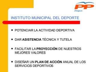 INSTITUTO MUNICIPAL DEL DEPORTE POTENCIAR LA ACTIVIDAD DEPORTIVA DAR  ASISTENCIA  TÉCNICA Y TUTELA FACILITAR LA  PROYECCIÓN  DE NUESTROS MEJORES VALORES DISEÑAR UN  PLAN DE ACCIÓN  ANUAL DE LOS SERVICIOS DEPORTIVOS 