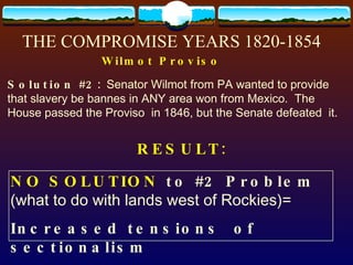 Solution #2:  Senator Wilmot from PA wanted to provide that slavery be bannes in ANY area won from Mexico.  The House passed the Proviso  in 1846, but the Senate defeated  it.  THE COMPROMISE YEARS 1820-1854 Wilmot Proviso RESULT:   NO SOLUTION  to #2 Problem  (what to do with lands west of Rockies)=   Increased tensions  of sectionalism 