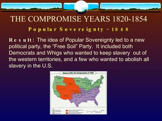THE COMPROMISE YEARS 1820-1854 Popular Sovereignty - 1848 Result:  The idea of Popular Sovereignty led to a new political party, the “Free Soil” Party.  It included both Democrats and Whigs who wanted to keep slavery  out of the western territories, and a few who wanted to abolish all slavery in the U.S. 