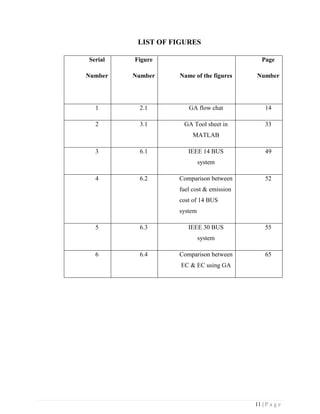 11 | P a g e
LIST OF FIGURES
Serial
Number
Figure
Number Name of the figures
Page
Number
1 2.1 GA flow chat 14
2 3.1 GA Tool sheet in
MATLAB
33
3 6.1 IEEE 14 BUS
system
49
4 6.2 Comparison between
fuel cost & emission
cost of 14 BUS
system
52
5 6.3 IEEE 30 BUS
system
55
6 6.4 Comparison between
EC & EC using GA
65
 
