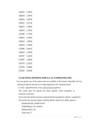 14 | P a g e
3.0019 1.9974
3.0019 1.9974
3.0019 1.9974
3.0972 2.2776
3.0019 1.9974
3.0019 1.5743
2.4790 1.7785
3.0019 1.9974
3.0019 1.9974
3.0019 1.9974
1.8300 2.6615
3.0019 1.9974
2.6747 1.6538
2.9707 1.8944
2.8774 2.3525
3.2334 3.0486
2.5524 2.0540
3.2 SETTING OPTIONS FOR GA AT COMMAND LINE
You can specify any of the options that are available in the Genetic Algorithm Tool by
passing an options structure as an input argument to GA using the syntax
[x fval] = ga(@fitnessfun, nvars, [],[],[],[],[],[],[],options)
This syntax does not specify any linear equality, linear inequality, or
nonlinear constraints.
It can create the options structure using the function gaoptimset. options = gaoptimset
This returns the structure options with the default values for its fields. options =
PopulationType: 'doubleVector'
PopInitRange: [2x1 double]
PopulationSize: 20
EliteCount: 2
 