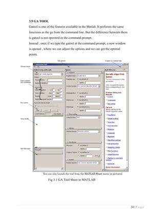 24 | P a g e
3.9 GA TOOL
Gatool is one of the features available in the Matlab. It performs the same
functions as the ga from the command line. But the difference between them
is gatool is not operated in the command prompt.
Instead , once if we type the gatool at the command prompt, a new window
is opened , where we can adjust the options and we can get the optimal
points.
Fig 3.1 GA Tool Sheet in MATLAB
 