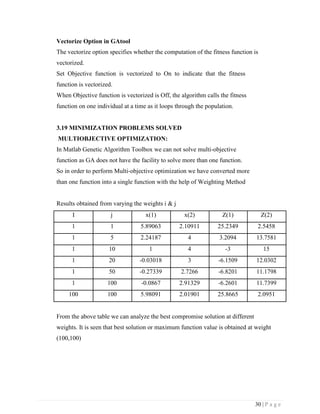 30 | P a g e
Vectorize Option in GAtool
The vectorize option specifies whether the computation of the fitness function is
vectorized.
Set Objective function is vectorized to On to indicate that the fitness
function is vectorized.
When Objective function is vectorized is Off, the algorithm calls the fitness
function on one individual at a time as it loops through the population.
3.19 MINIMIZATION PROBLEMS SOLVED
MULTIOBJECTIVE OPTIMIZATION:
In Matlab Genetic Algorithm Toolbox we can not solve multi-objective
function as GA does not have the facility to solve more than one function.
So in order to perform Multi-objective optimization we have converted more
than one function into a single function with the help of Weighting Method
Results obtained from varying the weights i & j
I j x(1) x(2) Z(1) Z(2)
1 1 5.89063 2.10911 25.2349 2.5458
1 5 2.24187 4 3.2094 13.7581
1 10 1 4 -3 15
1 20 -0.03018 3 -6.1509 12.0302
1 50 -0.27339 2.7266 -6.8201 11.1798
1 100 -0.0867 2.91329 -6.2601 11.7399
100 100 5.98091 2.01901 25.8665 2.0951
From the above table we can analyze the best compromise solution at different
weights. It is seen that best solution or maximum function value is obtained at weight
(100,100)
 