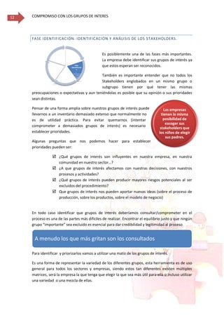 COMPROMISO CON LOS GRUPOS DE INTERES12
Las empresas
tienen la misma
posibilidad de
escoger sus
stakeholders que
los niños de elegir
sus padres.
Fase
Estratégica
• Establecer la
razones por las
quequiero
comprometer
me Fase
Identificació
n
•
Identificación
, análisis y
priorización
delos
Stakeholders
Fase
Planificació
n
Fase
Comunicació
n
• Modos de
compromiso:
seguimiento,
información,
consulta,
colaboración,
redes,
alianzas
Fase
Seguimientoy
Medición
FASE IDENTIFICACIÓN: IDENTIFICACIÓN Y ANÁLISIS DE LOS STAKEHOLDERS.
Es posiblemente una de las fases más importantes.
La empresa debe identificar sus grupos de interés ya
que estos esperan ser reconocidos.
También es importante entender que no todos los
Stakeholders englobados en un mismo grupo o
subgrupo tienen por qué tener las mismas
preocupaciones o expectativas y aun teniéndolas es posible que su opinión o sus prioridades
sean distintas.
Pensar de una forma amplia sobre nuestros grupos de interés puede
llevarnos a un inventario demasiado extenso que normalmente no
es de utilidad práctica. Para evitar quemarnos (intentar
comprometer a demasiados grupos de interés) es necesario
establecer prioridades.
Algunas preguntas que nos podemos hacer para establecer
prioridades pueden ser:
 ¿Qué grupos de interés son influyentes en nuestra empresa, en nuestra
comunidad en nuestro sector…?
 ¿A que grupos de interés afectamos con nuestras decisiones, con nuestros
procesos y actividades?
 ¿Qué grupos de interés pueden producir mayores riesgos potenciales al ser
excluidos del procedimiento?
 Que grupos de interés nos pueden aportar nuevas ideas (sobre el proceso de
producción, sobre los productos, sobre el modelo de negocio)
En todo caso identificar que grupos de interés deberíamos consultar/comprometer en el
proceso es una de las partes más difíciles de realizar. Encontrar el equilibrio justo y que ningún
grupo “importante” sea excluido es esencial para dar credibilidad y legitimidad al proceso
Para identificar y priorizarlos vamos a utilizar una matiz de los grupos de interés.
Es una forma de representar la variedad de los diferentes grupos, esta herramienta es de uso
general para todos los sectores y empresas, siendo estos tan diferentes existen múltiples
matrices, será la empresa la que tenga que elegir la que sea más útil para ella o incluso utilizar
una variedad o una mezcla de ellas.
A menudo los que más gritan son los consultados
 