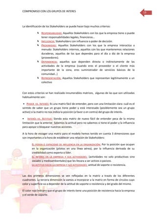 COMPROMISO CON LOS GRUPOS DE INTERES 13
La identificación de los Stakeholders se puede hacer bajo muchos criterios:
 RESPONSABILIDAD: Aquellos Stakeholders con los que la empresa tiene o puede
tener responsabilidades legales, financieras…
 INFLUENCIA: Stakeholders con influencia o poder de decisión.
 PROXIMIDAD: Aquellos Stakeholders con los que la empresa interactúa a
menudo: Stakeholders internos, aquellos con los que mantenemos relaciones
duraderas, aquellos de los que dependes para el día a día de la empresa
(proveedores).
 DEPENDENCIA: aquellos que dependen directa o indirectamente de las
actividades de la empresa (cuando eres el proveedor o el cliente más
importante de la zona, eres suministrador de servicios básicos de la
comunidad…)
 REPRESENTACIÓN: Aquellos Stakeholders que representan legítimamente a un
colectivo
Con estos criterios se han realizado innumerables matrices, algunas de las que son utilizadas
habitualmente son:
• PODER VS. INTERÉS: Es una matriz fácil de entender, pero con una limitación clara: cuál es el
sentido de saber que un grupo tiene poder y está interesado (posiblemente sea un grupo
activo) si la matriz no nos indica la posición (a favor o en contra) del grupo de interés.
• INTERÉS VS. ACTITUD: Siendo esta matriz de nuevo fácil de entender peca de la misma
limitación que la anterior. Sabemos la actitud pero no sabemos si tiene el poder y la influencia
para apoyar o bloquear nuestras acciones.
A la hora de escoger una matriz para el modelo hemos tenido en cuenta 3 dimensiones que
son importantes a la hora de establecer una relación de Stakeholders:
EL PODER O CAPACIDAD DE INFLUENCIA EN LA ORGANIZACIÓN: Por la posición que ocupan
en la organización (pilotos en una línea aérea), por la influencia derivada de su
credibilidad como experto o líder.
EL INTERÉS EN LA EMPRESA Y SUS ACTIVIDADES: (actividades no solo productivas sino
sociales y medioambientales) que les llevara a ser activos o pasivos.
LA ACTITUD HACIA LA EMPRESA Y SUS ACTIVIDADES: actitud de soporte o resistencia.
Las dos primeras dimensiones se ven reflejadas en la matriz a través de los diferentes
cuadrantes. La tercera dimensión la vamos a incorporar a la matriz en forma de círculos cuyo
color y superficie va a depender de la actitud de soporte o resistencia y del grado del mismo.
El color rojo indicara que el grupo de interés tiene una posición de resistencia hacia la empresa
y el verde de soporte.
 