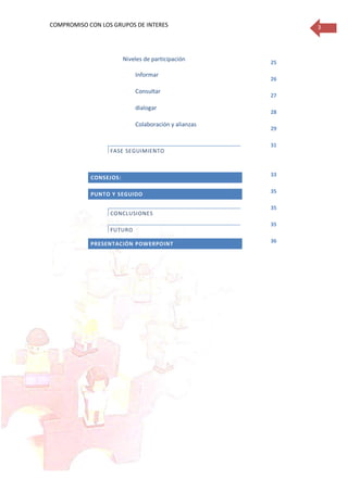 COMPROMISO CON LOS GRUPOS DE INTERES 3
Niveles de participación 25
Informar
26
Consultar
27
dialogar
28
Colaboración y alianzas
29
FASE SEGUIMIENTO
31
CONSEJOS:
33
PUNTO Y SEGUIDO 35
CONCLUSIONES
35
FUTURO
35
PRESENTACIÓN POWERPOINT
36
 