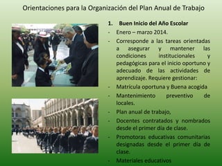 Orientaciones para la Organización del Plan Anual de Trabajo 
1. Buen Inicio del Año Escolar 
- Enero – marzo 2014. 
- Corresponde a las tareas orientadas 
a asegurar y mantener las 
condiciones institucionales y 
pedagógicas para el inicio oportuno y 
adecuado de las actividades de 
aprendizaje. Requiere gestionar: 
- Matrícula oportuna y Buena acogida 
- Mantenimiento preventivo de 
locales. 
- Plan anual de trabajo, 
- Docentes contratados y nombrados 
desde el primer día de clase. 
- Promotoras educativas comunitarias 
designadas desde el primer día de 
clase. 
- Materiales educativos 
 