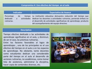 Compromiso 4: Uso efectivo del tiempo en el aula 
Indicador Expectativa de Avance 
Porcentaje de tiempo 
dedicado a actividades 
rutinarias. 
Descriptivo 
La institución educativa demuestra reducción del tiempo que 
dedican los docentes a actividades rutinarias, poniendo énfasis en 
el desarrollo de actividades significativas de aprendizaje; producto 
del acompañamiento del equipo directivo. 
Tiempo efectivo dedicado a las actividades de 
aprendizaje significativo en el aula, y disminuir, 
de ser el caso, las prácticas rutinarias. 
Entre los factores favorables al logro de 
aprendizajes , uno de los principales es el uso 
efectivo del tiempo en el aula o en los espacios 
de aprendizaje. No obstante, tanto docentes 
como estudiantes dedican una considerable 
parte del tiempo en el aula al desarrollo de 
acciones rutinarias, no académicas, como tomar 
lista de asistencia, administrar la disciplina, 
hacer copia de contenidos diversos, etc. 
 