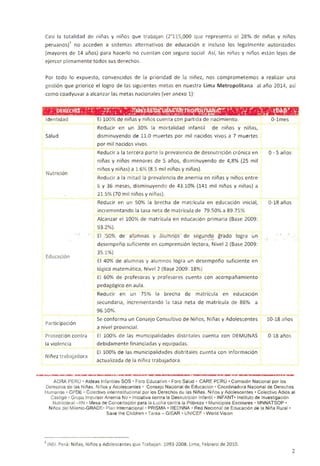 Casi la t otalid ad de mnas y nino s que t rabajan (2' 115,000 que r epres ent a el 28% de nina s y nine s
peru anas)' no acced en a siste mas alt er nat ivo s d e educacion e inclu so 105 legalm ent e autom ados
(mayores d e 14 afi os) par a hacerlo no cuent an co n seguro social Asi, las ni fi as y nifi os est an lejo s de
eje rc er ple n am en te t odos sus derech os.


Por tod o 1 expue sto, con ven cido s de la p riori dad de la ni fi ez, no s compromet em o s a realiz ar un a
          0
gest i6 n que pr iorice el logro de las sigu ient es m et as en nue str a Lima Metropolitana al ana 20 14, asi
como coadyu var a alcanzar las meta s nacio nales (ver anexo 1):




Identidad                   EI 100% de ni fias y ni fios cue nta con part ida de nacim ient o.
                  0-l me s
                            Reducir en un 30% la mort alid ad infanti l             d e nifi o s y ni fi as,

Salud                       disminu yendo de 11.0 muertes po r m il nacidos vivo s a 7 mue rt es

                            par mil nacidos vivo s.

                            Redu cir a la te rcera part e la p revalencia de desnut ricion cro nica en
         0 -5 afios
                            nifias y nifio s m eno res de 5 afios, disminuyend o de 4,8 % (25 mil

                            ninos y n inas) a 1.6% (8.5 m il nirio s y nin as).

Nutricion
                            Red ucir a la mitad la prevalencia de anem ia en nift as y nine s entre

                            6 y 36 me ses, dism inuyendo d e 43. 10% (141 m il nifi os y nin as) a

                            21.5% (70 mil nifio s y nifias).

                            Reducir en un 50% la br echa de mat ri cula en edu cacion inic ial,
                0- 18 anos
                            increm ent ando la ta sa ne t a de mat r fcula de 79.50% a 89 .75%

                            Alcanzar el 100% de m atrfcula en edu cacion pr ima ria (Base 2009:

                            93.2%).

                            EI .'SD% de alu rnnas y.. alu m nos ' de segu nd o grade logr a un

                              .     '     . .                 "           "   ,'"''        .
                            desernp efio suficient e en co mpre nsion lecto ra, Nivel 2 (Base 2009 :
                            35.1%)
Educaci6n
                            EI 40% de alum nas y alu mnos logra u n dese rnpe fio suf icient e en
                            logico rnat ematic a, Nivel 2 (Base 2009 : 18%)
                            EI 60% de pr ofe soras y p ro fesor es cu enta con aco m pa fiam ient o
                            pedagogi co en aula .
                            Red ucir   en   un      75% la bre cha de       matricu la   en    educacion
                            secundaria, inc rement ando la      tasa neta de m atrlcul a de 86% a
                            96 .50%.
                            Se confo rm a un Conse jo Consulti vo d e Ni fi os, Ninas y Ado lescente s          10-1 8 a nos
Part icipacion
                            a niv el provi ncial.
Pr oteccion cont ra         EI 100% de las m uni cipa lid ad es dist rita les cue nt a con DEM UNAS             0 -18 ano s
la viol encia              deb id am ent e fin anciadas y equipadas.
                            EI 100% de las mun icipalid ades distr it ales cuent a con info rmacio n
Ninez trabajad ora
                           actu alizada de la ni fiez t rabajadora.



   ADRA PERU' Aldeas Infantiles SOS • Foro Educativo • Foro Salud • CAR E PERU ' Cornision Nacional por los

Derecnos de las Nirias. Ninos y Adolescentes : Consejo Nacional de Educacion • Coordinadora Nacional de Derechos

Human os • CPDE • Colectivo interinstitucional por los Derechos de las Ninas, Nifios y Adolescentes • Colec tivo Adios al

  Castigo • Grupo Impulsor Anemia No • Iniciativa contra la Desnutrici6n Infantil • INFANT· Instit uto de lnvestiqacion

   Nutrici onal-IIN • Mesa de Concertacion para la Lucha contra la Pobreza • Municipios Escolares • MNNATS OP •

 Nines del Mile nio-GRADE' Plan Internacional • PRISMA • REDNNA • Red Nacional de Educaci6n de la Nina Rural ,

                             Save the Children ' Tarea - GIEAR • UNICEF · Wo rld Vision





3   INEI. Per u: Nifias, Ninos y Ado lescent es que Trabajan . 1993-2008. Lima, Febrero de 2010 .
                                                                                                                              2
 