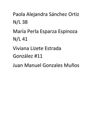 Paola Alejandra Sánchez Ortiz
N/L 38
María Perla Esparza Espinoza
N/L 41
Viviana Lizete Estrada
González #11
Juan Manuel Gonzales Muños
 