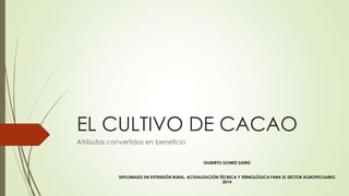 EL CULTIVO DE CACAO
Atributos convertidos en beneficio
GILBERTO GOMEZ SAENZ
DIPLOMADO EN EXTENSIÓN RURAL, ACTUALIZACIÓN TÉCNICA Y TERNOLÓGICA PARA EL SECTOR AGROPECUARIO.
2014
 