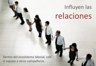 Influyen las
relaciones
Dentro del ecosistema laboral, con
el equipo y otros compañeros
 