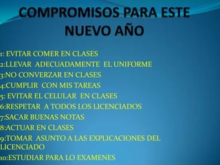 1: EVITAR COMER EN CLASES
2:LLEVAR ADECUADAMENTE EL UNIFORME
3:NO CONVERZAR EN CLASES
4:CUMPLIR CON MIS TAREAS
5: EVITAR EL CELULAR EN CLASES
6:RESPETAR A TODOS LOS LICENCIADOS
7:SACAR BUENAS NOTAS
8:ACTUAR EN CLASES
9:TOMAR ASUNTO A LAS EXPLICACIONES DEL
LICENCIADO
10:ESTUDIAR PARA LO EXAMENES