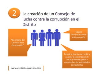 2          La creación de un Consejo de
                lucha contra la corrupción en el
                Distrito
                                                    Equipo
                                               Interinstitucional
                                                anticorrupción
    “Desmonte del
     Carrusel de la
     Contratación”


                                       Tendrá la función de recibir y
                                        analizar la información de
                                         hechos de corrupción y
                                       canalizarla a las autoridades
                                               competentes
[   www.agendastransparencia.com   ]
 