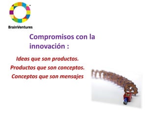 Compromisos con la
       innovación :
  Ideas que son productos.
Productos que son conceptos.
Conceptos que son mensajes
 