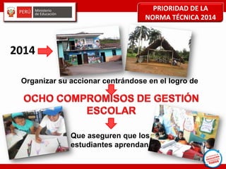 Organizar su accionar centrándose en el logro de
Que aseguren que los
estudiantes aprendan
PRIORIDAD DE LA
NORMA TÉCNICA 2014
 