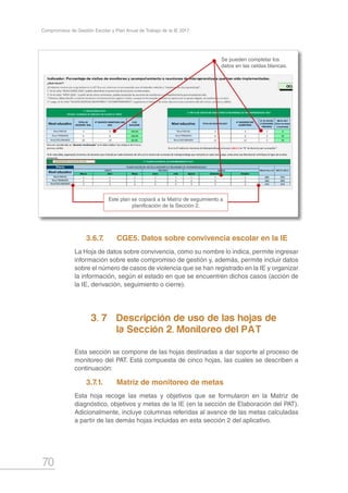70
Compromisos de Gestión Escolar y Plan Anual de Trabajo de la IE 2017
3.6.7.	 CGE5. Datos sobre convivencia escolar en la IE
La Hoja de datos sobre convivencia, como su nombre lo indica, permite ingresar
información sobre este compromiso de gestión y, además, permite incluir datos
sobre el número de casos de violencia que se han registrado en la IE y organizar
la información, según el estado en que se encuentren dichos casos (acción de
la IE, derivación, seguimiento o cierre).
3. 7	 Descripción de uso de las hojas de 		
			 la Sección 2. Monitoreo del PAT
Esta sección se compone de las hojas destinadas a dar soporte al proceso de
monitoreo del PAT. Está compuesta de cinco hojas, las cuales se describen a
continuación:
3.7.1.	 Matriz de monitoreo de metas
Esta hoja recoge las metas y objetivos que se formularon en la Matriz de
diagnóstico, objetivos y metas de la IE (en la sección de Elaboración del PAT).
Adicionalmente, incluye columnas referidas al avance de las metas calculadas
a partir de las demás hojas incluidas en esta sección 2 del aplicativo.
Se pueden completar los
datos en las celdas blancas.
Este plan se copiará a la Matriz de seguimiento a
planificación de la Sección 2.
 