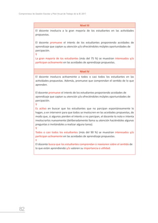 82
Compromisos de Gestión Escolar y Plan Anual de Trabajo de la IE 2017
Nivel III
El docente involucra a la gran mayoría de los estudiantes en las actividades
propuestas.
El docente promueve el interés de los estudiantes proponiendo acvidades de
aprendizaje que captan su atención y/o ofreciéndoles múlples oportunidades de
parcipación.
Y
La gran mayoría de los estudiantes (más del 75 %) se muestran interesados y/o
participan activamente en las acvidades de aprendizaje propuestas.
Nivel IV
El docente involucra activamente a todos o casi todos los estudiantes en las
actividades propuestas. Además, promueve que comprendan el sentido de lo que
aprenden.
El docente promueve el interés de los estudiantes proponiendo acvidades de
aprendizaje que captan su atención y/o ofreciéndoles múlples oportunidades de
parcipación.
Y
Es activo en buscar que los estudiantes que no parcipan espontáneamente lo
hagan, o en intervenir para que todos se involucren en las acvidades propuestas, de
modo que, si algunos pierden el interés o no parcipan, el docente lo nota e intenta
involucrarlos nuevamente (deliberadamente llama su atención haciéndoles algunas
preguntas o invitándoles a realizar alguna tarea).
Y
Todos o casi todos los estudiantes (más del 90 %) se muestran interesados y/o
participan activamente en las acvidades de aprendizaje propuestas.
Y
El docente busca que los estudiantes comprendan o reexionen sobre el sentido de
lo que están aprendiendo y/o valoren su importancia o utilidad.
 