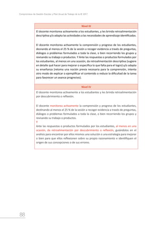 88
Compromisos de Gestión Escolar y Plan Anual de Trabajo de la IE 2017
Nivel III
El docente monitorea activamente a los estudiantes, y les brinda retroalimentación
descriptiva y/o adapta las actividades a las necesidades de aprendizaje identificadas.
El docente monitorea activamente la comprensión y progreso de los estudiantes,
desnando al menos el 25 % de la sesión a recoger evidencia a través de preguntas,
diálogos o problemas formulados a toda la clase, o bien recorriendo los grupos y
revisando su trabajo o productos. Y Ante las respuestas o productos formulados por
los estudiantes, al menos en una ocasión, da retroalimentación descriptiva (sugiere
en detalle qué hacer para mejorar o especifica lo que falta para el logro) y/o adapta
su enseñanza (retoma una noción previa necesaria para la comprensión, intenta
otro modo de explicar o ejemplificar el contenido o reduce la dificultad de la tarea
para favorecer un avance progresivo).
Nivel IV
El docente monitorea activamente a los estudiantes y les brinda retroalimentación
por descubrimiento o reflexión.
El docente monitorea activamente la comprensión y progreso de los estudiantes,
destinando al menos el 25 % de la sesión a recoger evidencia a través de preguntas,
diálogos o problemas formulados a toda la clase, o bien recorriendo los grupos y
revisando su trabajo o productos.
Y
Ante las respuestas o productos formulados por los estudiantes, al menos en una
ocasión, da retroalimentación por descubrimiento o reflexión, guiándolos en el
análisis para encontrar por ellos mismos una solución o una estrategia para mejorar
o bien para que ellos reflexionen sobre su propio razonamiento e identifiquen el
origen de sus concepciones o de sus errores.
 