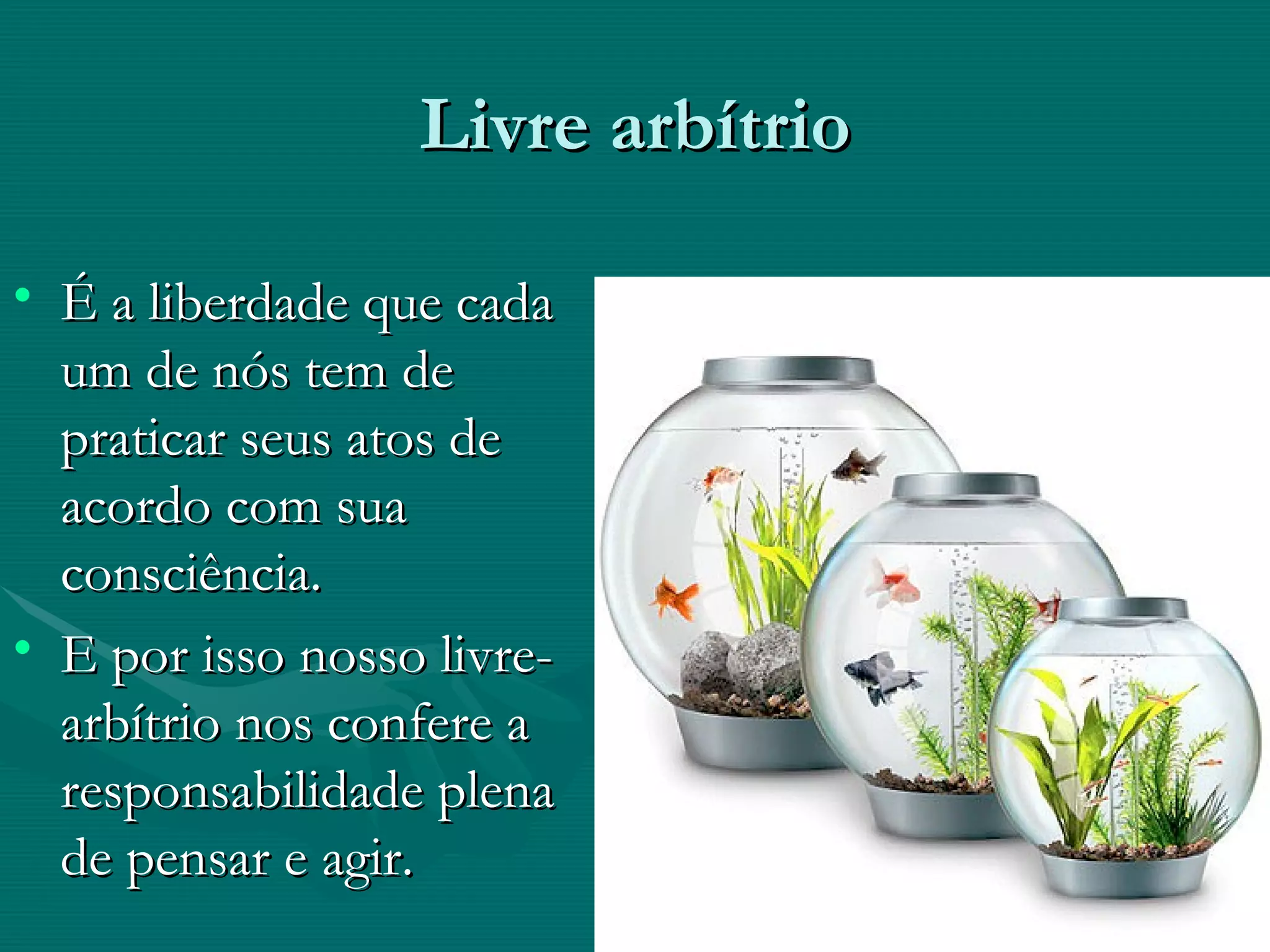 Livre arbítrio É a liberdade que cada um de nós tem de praticar seus atos de acordo com sua consciência. E por isso nosso livre-arbítrio nos confere a responsabilidade plena de pensar e agir. 
