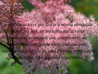 Se por acaso tiver que faltar à minha obrigação  moral, ou seja, ao trabalho que deveria  desempenhar naquele dia, comprometo-me  a recuperar esse tempo oferecendo-me para  realizar outra tarefa na casa espírita, restituindo assim o que devo à minha consciência.  