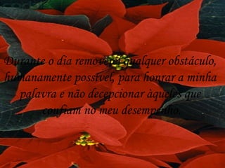 Durante o dia removerei qualquer obstáculo,  humanamente possível, para honrar a minha  palavra e não decepcionar àqueles que  confiam no meu desempenho. 