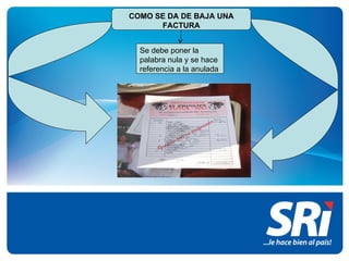 COMO SE DA DE BAJA UNA
      FACTURA


  Se debe poner la
  palabra nula y se hace
  referencia a la anulada
 