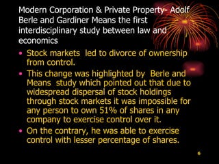 Modern Corporation & Private Property- Adolf Berle and Gardiner Means the first interdisciplinary study between law and economics Stock markets  led to divorce of ownership from control.  This change was highlighted by  Berle and Means  study which pointed out that due to widespread dispersal of stock holdings through stock markets it was impossible for any person to own 51% of shares in any company to exercise control over it.  On the contrary, he was able to exercise control with lesser percentage of shares.  