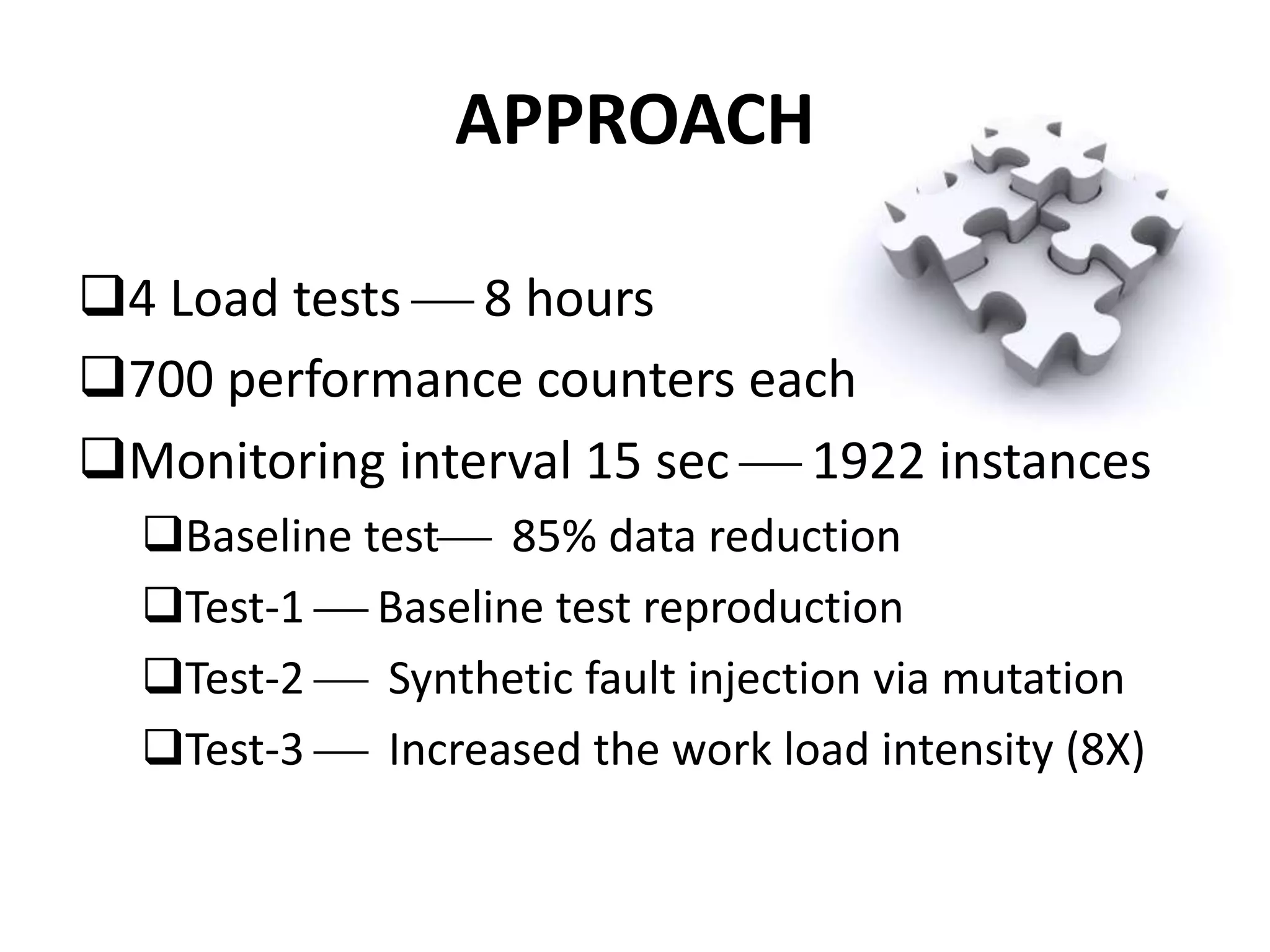 APPROACH
4 Load tests  8 hours
700 performance counters each
Monitoring interval 15 sec  1922 instances
Baseline test 85% data reduction
Test-1  Baseline test reproduction
Test-2  Synthetic fault injection via mutation
Test-3  Increased the work load intensity (8X)
 