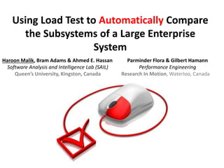 Using Load Test to Automatically Compare
the Subsystems of a Large Enterprise
System
Haroon Malik, Bram Adams & Ahmed E. Hassan
Software Analysis and Intelligence Lab (SAIL)
Queen’s University, Kingston, Canada
Parminder Flora & Gilbert Hamann
Performance Engineering
Research In Motion, Waterloo, Canada
 