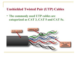 Unshielded Twisted Pair (UTP) Cables
• The commonly used UTP cables are
  categorized as CAT 3, CAT 5 and CAT 5e.
 