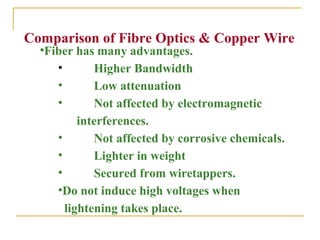 Comparison of Fibre Optics & Copper Wire
  •Fiber has many advantages.
     •       Higher Bandwidth
     •       Low attenuation
     •       Not affected by electromagnetic
          interferences.
     •       Not affected by corrosive chemicals.
     •       Lighter in weight
     •       Secured from wiretappers.
     •Do not induce high voltages when
       lightening takes place.
 