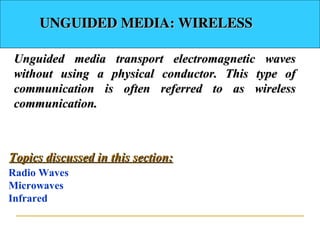 UNGUIDED MEDIA: WIRELESS

Unguided media transport electromagnetic waves
without using a physical conductor. This type of
communication is often referred to as wireless
communication.



Topics discussed in this section:
Radio Waves
Microwaves
Infrared
 