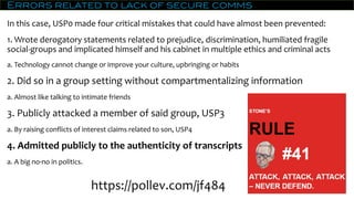 Errors related to lack of secure comms
In this case, USP0 made four critical mistakes that could have almost been prevented:
1. Wrote derogatory statements related to prejudice, discrimination, humiliated fragile
social-groups and implicated himself and his cabinet in multiple ethics and criminal acts
a. Technology cannot change or improve your culture, upbringing or habits
2. Did so in a group setting without compartmentalizing information
a. Almost like talking to intimate friends
3. Publicly attacked a member of said group, USP3
a. By raising conflicts of interest claims related to son, USP4
4. Admitted publicly to the authenticity of transcripts
a. A big no-no in politics.
https://pollev.com/jf484
 