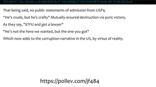 On why you should never out yourself on something at this scale….
That being said, no public statements of admission from USP4.
“He's crude, but he's crafty" Mutually-assured destruction via pyric victory.
As they say, "STFU and get a lawyer"
"He's not the hero we wanted, but the one you got"
Which now adds to the corruption narrative in the US, by virtue of reality.
https://pollev.com/jf484
 