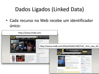 Dados Ligados (Linked Data)
• Cada recurso na Web recebe um identificador
único:
http://www.imdb.com
http://www.imdb.com/title/tt1661199/?ref_=hm_otw_t0
 
