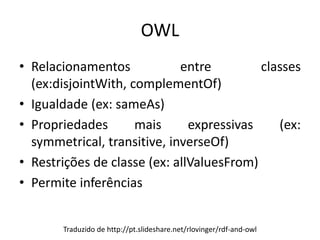 OWL
• Relacionamentos entre classes
(ex:disjointWith, complementOf)
• Igualdade (ex: sameAs)
• Propriedades mais expressivas (ex:
symmetrical, transitive, inverseOf)
• Restrições de classe (ex: allValuesFrom)
• Permite inferências
Traduzido de http://pt.slideshare.net/rlovinger/rdf-and-owl
 
