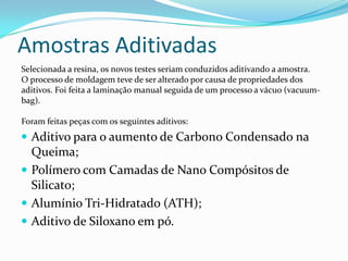 Amostras AditivadasSelecionada a resina, os novos testes seriam conduzidos aditivando a amostra.O processo de moldagem teve de ser alterado por causa de propriedades dos aditivos. Foi feita a laminação manual seguida de um processo a vácuo (vacuum-bag).Foram feitas peças com os seguintes aditivos:Aditivo para o aumento de Carbono Condensado na Queima;Polímero com Camadas de Nano Compósitos de Silicato;Alumínio Tri-Hidratado (ATH);Aditivo de Siloxano em pó.
