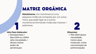 1
Alto Peso Molecular:
Dimetacrilato +
Bos-GMA ou UDMA
(alta viscosidade, +
denso e baixo
poder de
penetraçao)
2
MATRIZ ORGÂNICA
Monômeros: Um monômero é uma
pequena molécula composta por um único
mero, que pode ligar-se a outros
monômeros formando moléculas maiores =
polímeros.
Diluentes:
TEG-DMA (baixa
viscosidade,
menor peso
molecular, maior
concentração de
polimerização)
 