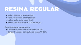 RESINA REGULAR
Maior resistência ao desgaste;
Maior resistência a compressão;
Melhor polimento superficial;
Menor concentração de polimerização.
Classificação de escoamento
Concentração de matriz resinosa: 18-21%
Concentração de partículas de carga: 79-83%
 