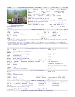 Search for more Las Vegas Homes by Clicking Here

GLVAR                  Single Family Residential        Ownership          SFR            06/12/12              9:42 PM
                                           ML#       1257964       Status   ER      Area 505       L/Price $130,680
                                           Offc      KNGS          PubID    223877          Listing Agent a Realtor? Y
                                           Bldr/Manf                  Model                          $/SQFT $60
                                           County    Clark County Parcel# 176-20-711-034
                                           Twnshp    22      Range 60       Section 20     City Las Vegas
                                           Prop Desc
                                           Subdiv TWILIGHT NORTH AT ARLINGTON                         Subdiv#
                                           Community NONE           Short Sale N Foreclosure Commenced N Repo/REO Y
                                           Asoc/Comm GATED/CCRS/POOL/PLAYGRD
                                           Zoning Single-Family                               YrBuilt 2004 / Resale
                                           Elem K-2 WRIG Elem 3-5 WRIG              Junior CANA HighSch DESO
        Click here for map view
8909 /HOUSTON RIDGE AV                                                                  Unit                Zip 89178
Virtual Tour
                                          GENERAL INFORMATION                               FB   3/4 HB Tot
Bldg Desc  2STORY                                                 #Bedrms 3        #Baths 2      0   1   3
Garage     2 /Attached                                            Conv     N       Carport 0
Appx SqFt 2,196         Addit Liv Area              #Acres +/-    0.090            #Den/Oth 0  #Loft   0
Roof       Tile Like                                                               Lot SqFt 3920
PvSpa      N                                                 Lot Descrip   Under 1/4 Acre
PvPool     N                                                 Pool Size +/-
D: WEST ON BLUE DIAMOND FOM DURANGE** SOUTH ON ARLINGTON RANCH ** WEST ON TOMNITZ ** NORTH ON PINENEEDLE
   RIDGE ** WEST ON HOUSTON RIDGE

R: LOVELY 2 STORY HOME WITH 3 BEDROOMS ** 3 BATH ** 2 CAR GARAGE ** LOCATED IN DESIRABLE MOUNTAIN'S EDGE
   GATED COMMUNITY ** BRIGHT KITCHEN WITH SOLID COUNTERTOPS AND LOTS OF CABINET SPACE ** UTILITY ROOM WITH
   SINK ** MASTER WITH SITTING AREA.



                                       APPROXIMATE ROOM SIZES AND DESCRIPTIONS
Living      /None                                                                   2ndBd     11x11
Dining      10x10 /Living Room/Dining Combo
GreatRm     N
Kitchen     Breakfast Bar/Counter /Pantry                                           3rdBd     12x11
Family      16x16 /DNSTRS
MBR         15x18 /Mbr Walk-In Closet                                               4thBd
MB Bath     Double Sink /Tub /Shower Only
DryerUtil   Gas      Loc 2NDFLR             Washer Inc   N       Dryer Inc    N     5thBd
Refrig    N     Disposal N    DishwasherN  Bed Down N Bath Down Y, 1/2              Oven Desc Stove (G)
Oth Appliances None
                                                                                    Construction Frame & Stucco
Interior    Drywall
                                                                                    Flooring Carpet /Tile /Linoleum/Vinyl
Fireplace   1 /Gas
                                                                                    Equest None
Fence       Backyard Full Fenced /Block
                                                 UTILITIES INFORMATION
Hse Faces N                                                                         Miscel    None
Exterior    Patio
Landscape Desert Landscaping
Heat Sys    Central                                        Heat Fuel    Gas                               Water Public
Cool Sys    Central                                        Cool Fuel    Electric    Ground Mounted Y      Sewer Public
Util Info   Underground Utilities                                               Energy None
                                                 FINANCIAL INFORMATION
Assoc Fee     Y         Assoc Name PRESCOTT                     Assoc Ph 702-215-4670         MastrPlanFee   $30 /Monthly
Assoc Fee 1 $22 /Monthly         Ann Taxes   $1,601             Assessment N                  Assessmt Amt
Assoc Fee 2                    Earnest Deposit $5,000          SID/LID Total               SID/LID Annual
Financing Considered Cash, Conventional, FHA

Presented by: Orange Realty Group LLC                          Agent: Jeffrey Mix
                             GLVAR DEEMS INFORMATION RELIABLE BUT NOT GUARANTEED
 
