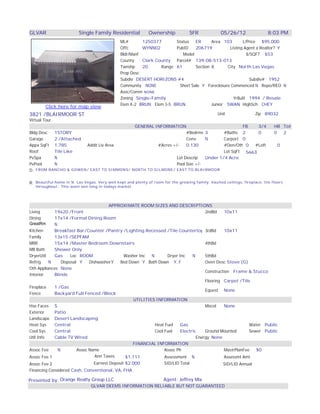 GLVAR                    Single Family Residential            Ownership             SFR             05/26/12                 8:03 PM
                                               ML#       1250377       Status   ER      Area 103       L/Price $95,000
                                               Offc      WYNN02        PubID    206719          Listing Agent a Realtor? Y
                                               Bldr/Manf                  Model                          $/SQFT $53
                                               County    Clark County Parcel# 139-08-513-013
                                               Twnshp    20      Range 61       Section 8      City North Las Vegas
                                               Prop Desc
                                               Subdiv DESERT HORIZONS #4                                  Subdiv# 1952
                                               Community NONE           Short Sale Y Foreclosure Commenced N Repo/REO N
                                               Asoc/Comm NONE
                                               Zoning Single-Family                               YrBuilt 1994 / Resale
                                               Elem K-2 BRUN Elem 3-5 BRUN              Junior SWAN HighSch CHEY
        Click here for map view
3821 /BLAIRMOOR ST                                                                                Unit                Zip 89032
Virtual Tour
                                          GENERAL INFORMATION                              FB   3/4                             HB Tot
Bldg Desc 1STORY                                                 #Bedrms 3        #Baths 2      0                               0  2
Garage    2 /Attached                                            Conv     N       Carport 0
Appx SqFt 1,785       Addit Liv Area               #Acres +/-    0.130            #Den/Oth 0  #Loft                               0
Roof      Tile Like                                                               Lot SqFt 5663
PvSpa     N                                                 Lot Descrip   Under 1/4 Acre
PvPool    N                                                 Pool Size +/-
D: FROM RANCHO & GOWEN/ EAST TO SIMMONS/ NORTH TO GILMORE/ EAST TO BLAIRMOOR

R: Beautiful home in N. Las Vegas. Very well kept and plenty of room for the growing family. Vaulted ceilings, fireplace, tile floors
   throughout, This wont last long in todays market.




                                       APPROXIMATE ROOM SIZES AND DESCRIPTIONS
Living      19x20 /Front                                                            2ndBd     10x11
Dining      17x14 /Formal Dining Room
GreatRm     N
Kitchen     Breakfast Bar/Counter /Pantry /Lighting Recessed /Tile Countertops3rdBd Flooring
                                                                                     /Tile 10x11
Family      13x15 /SEPFAM
MBR         15x14 /Master Bedroom Downstairs                                        4thBd
MB Bath     Shower Only
DryerUtil   Gas      Loc ROOM               Washer Inc   N       Dryer Inc    N     5thBd
Refrig    N     Disposal Y    DishwasherY  Bed Down Y Bath Down Y, F                Oven Desc Stove (G)
Oth Appliances None
                                                                                    Construction Frame & Stucco
Interior    Blinds
                                                                                    Flooring Carpet /Tile
Fireplace   1 /Gas
                                                                                    Equest None
Fence       Backyard Full Fenced /Block
                                                 UTILITIES INFORMATION
Hse Faces S                                                                         Miscel    None
Exterior    Patio
Landscape Desert Landscaping
Heat Sys    Central                                        Heat Fuel    Gas                               Water Public
Cool Sys    Central                                        Cool Fuel    Electric    Ground Mounted        Sewer Public
Util Info   Cable TV Wired                                                      Energy None
                                                 FINANCIAL INFORMATION
Assoc Fee     N         Assoc Name                              Assoc Ph                      MastrPlanFee   $0
Assoc Fee 1                      Ann Taxes   $1,111             Assessment N                  Assessmt Amt
Assoc Fee 2                    Earnest Deposit $2,000                 SID/LID Total                  SID/LID Annual
Financing Considered Cash, Conventional, VA, FHA

Presented by: Orange Realty Group LLC                                 Agent: Jeffrey Mix
                                GLVAR DEEMS INFORMATION RELIABLE BUT NOT GUARANTEED
 
